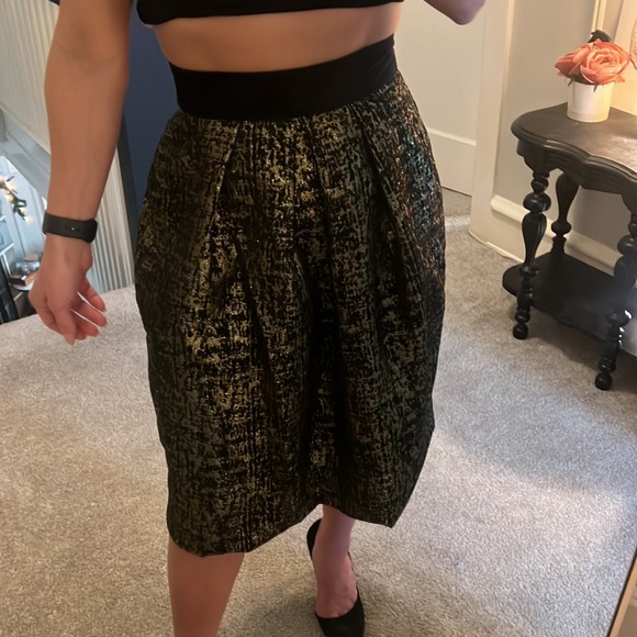 Julien Paris High Waisted Gold and Black Metallic Midi Skirt Velvet Band Size 2 - Picture 3 of 7